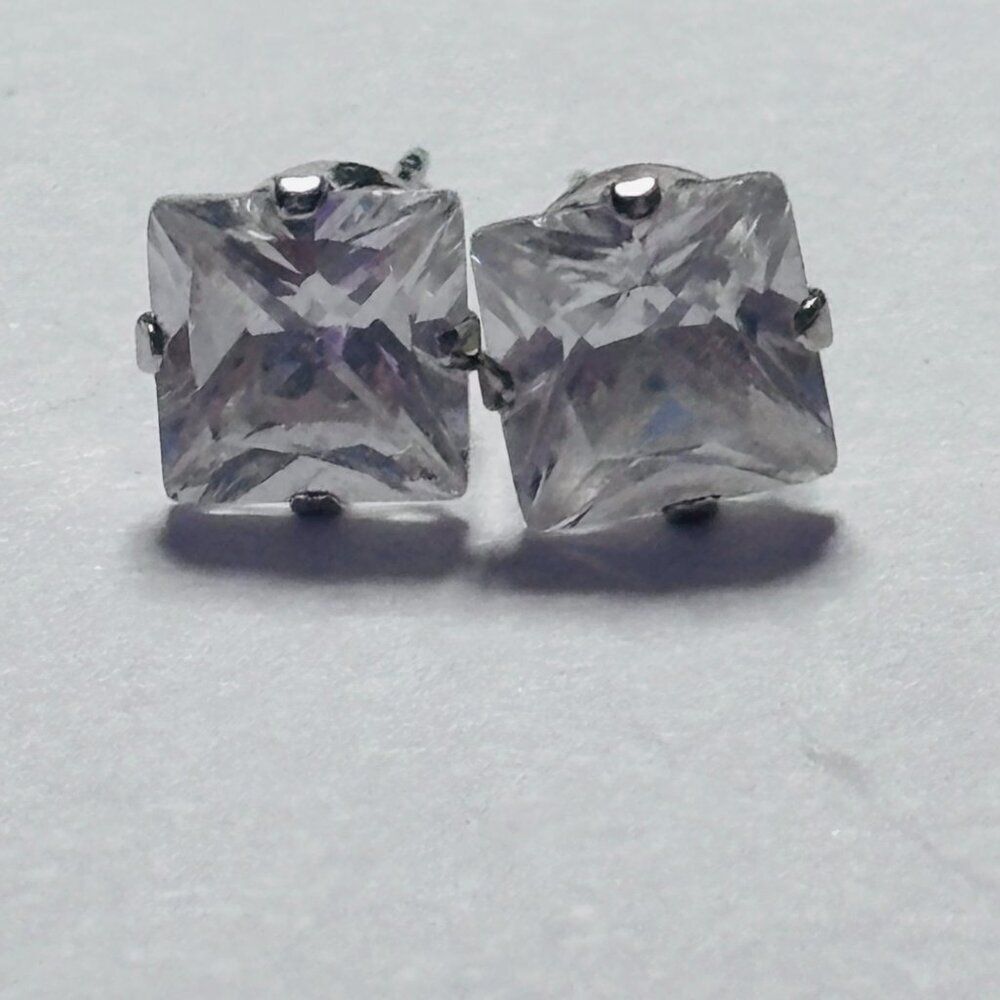 Princess Cut Clear CZ Stud Earrings Silver Tone Signed 925 Posts